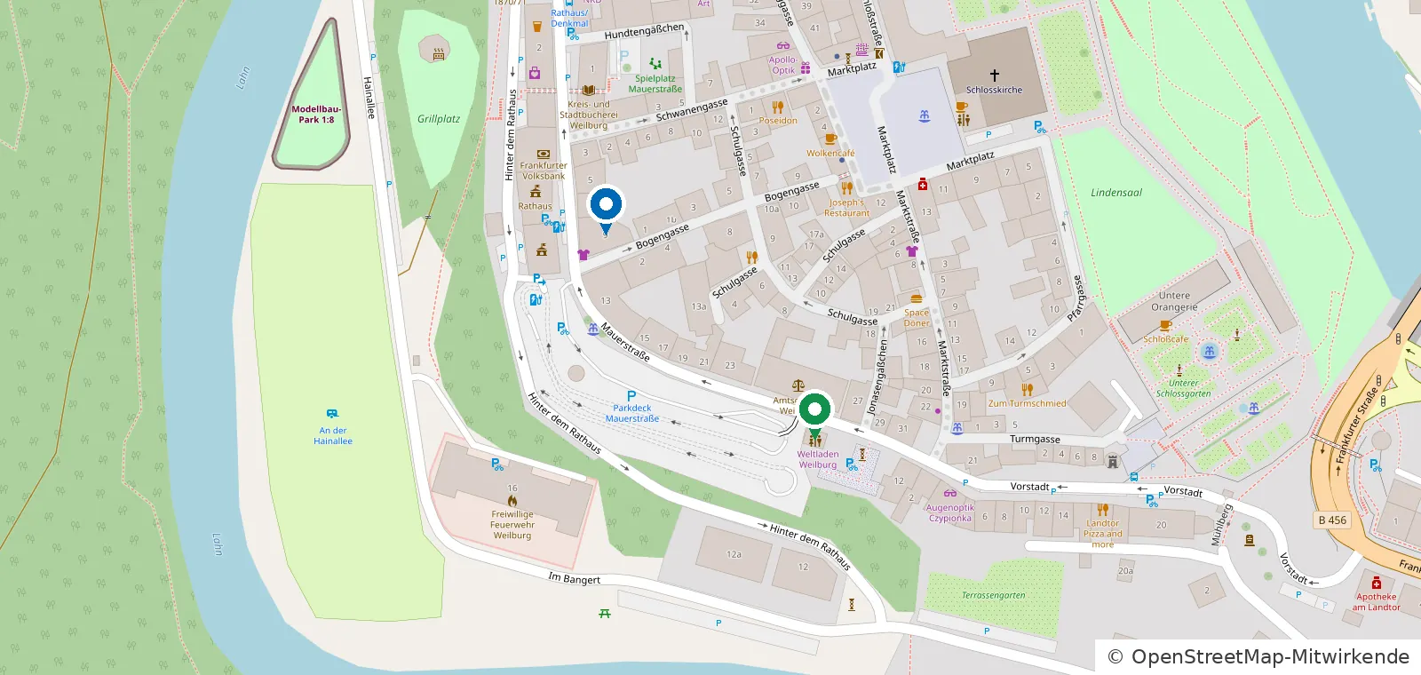 Stadtplan der Weilburger Altstadt mit Weltladen EINS (Mauerstraße 10a) und Weltladen ZWEI (Mauerstraße 9)